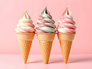 Three soft serve ice cream cones standing on pink background