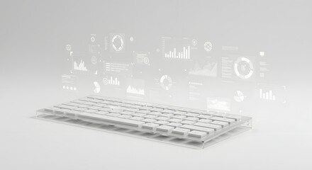A minimalist white keyboard with data visualization elements, ideal for business and technology themes.