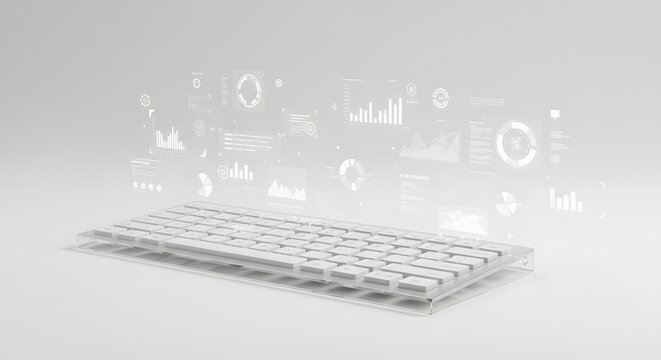 A minimalist white keyboard with data visualization elements, ideal for business and technology themes.