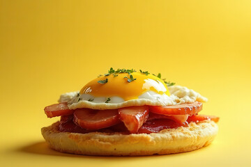 Tempting Egg Benedict in Industrial Café Vibe: Clean Food Photography on Pale Yellow Background