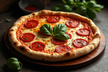 Tempting Margherita Pizza in Dark Moody Corner on Cream Background: Clean Food Photography with Hard Side Light