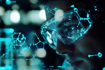 Male Scientist in Protective Glasses Analyzing Data on Futuristic Screen