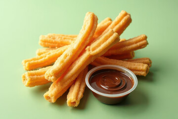Delicious Churros with Chocolate Dip: Clean Food Photography in Sunny Corner on Sage Green Background