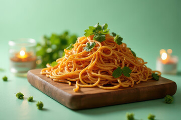 Delicious Pad Thai on Wooden Cutting Board with Mint Background and Candlelight Photography