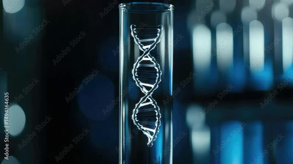 Poster close-up view of a transparent test tube containing a 3d model of dna helix in a modern laboratory s