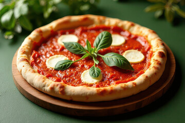 Delicious Margherita Pizza in Botanical Brunch Corner: Clean Food Photography with Golden Hour Radiance