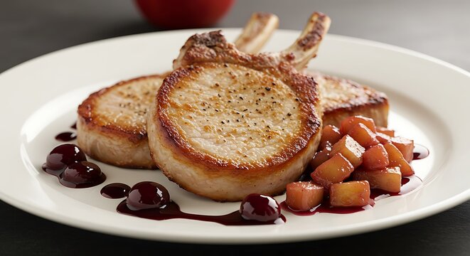 Sous vide pork chops with apple compote, juicy and pink. Perfect sear, gourmet plating, autumn flavors. - Powered by Adobe