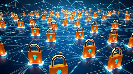 Digital cybersecurity concept with orange padlocks connected by blue network lines over glowing circuit surface - Powered by Adobe