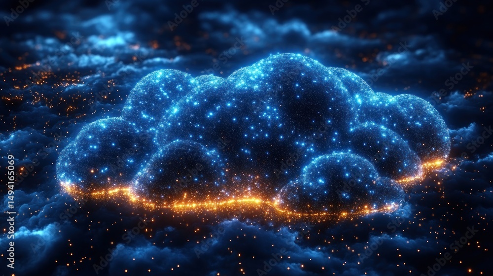 Poster glowing cloud computing network: digital data sphere