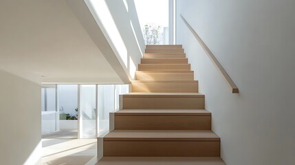 Modern minimalist staircase interior bathed in sunlight Minimalist home design.