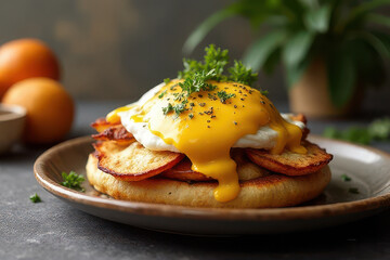 Tempting Egg Benedict: Cozy Corner Food Photography with Soft Pink Background