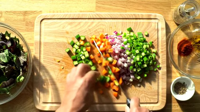 Preparing vegetables and spices on a wooden cutting board for cooking.4k video
