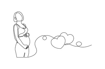 Continuous one line drawing of Woman pregnant. Single line drawing illustration of Beautiful pregnant woman hugging her tummy. Happy Pregnancy concept vector art. Doodle line illustration.