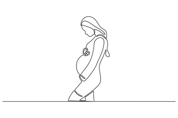 Continuous one line drawing of Woman pregnant. Single line drawing illustration of Beautiful pregnant woman hugging her tummy. Happy Pregnancy concept vector art. Doodle line illustration.
