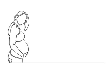 Continuous one line drawing of Woman pregnant. Single line drawing illustration of Beautiful pregnant woman hugging her tummy. Happy Pregnancy concept vector art. Doodle line illustration.