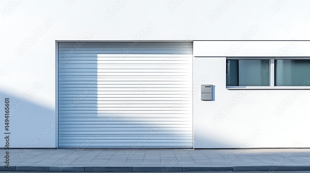 Poster modern minimalist white building facade with roller shutter with abstract architecture.