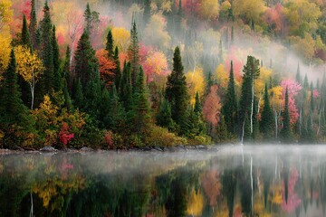 Autumn Foliage Reflections On Misty Lake