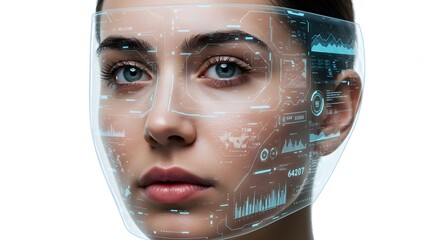 Close-up of a woman wearing a transparent futuristic face shield overlaying data, a tech concept.