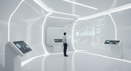 A man analyzes data visualizations on a transparent display within a modern, futuristic room.