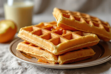 Delicious Belgian Waffles in Cozy Breakfast Corner: Clean Food Photography with Studio Glow and Spacious Layout