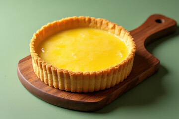 Tempting Lemon Tart on Wooden Cutting Board: Clean Food Photography with Window Backlight