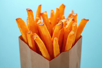 Delicious Sweet Potato Fries on Pastel Blue Background: Clean Food Photography with Rim Lighting