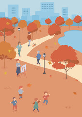 秋の公園で過ごす人々のアイソメトリックイラスト