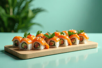 Tempting Sushi Platter: Cozy Corner Food Photography with Light Mint Background and Moody Low Key Radiance