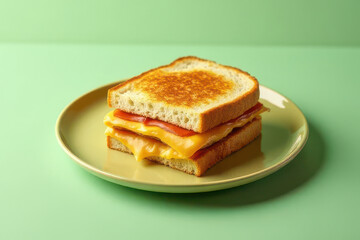 Minimalist Food Photography: Grilled Cheese Sandwich on White Plate, Sage Green Background, Window Backlight