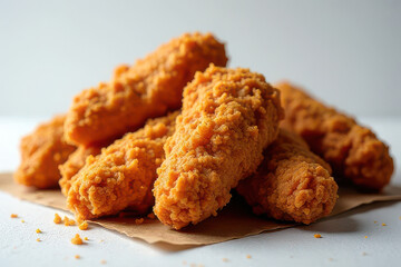 Tempting Buttermilk Fried Chicken Photography: Dark Moody Table Corner, White Background, Clean Food Style, Reflector Fill Light Radiance, Spacious Layout, High Resolution