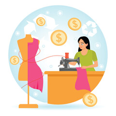 Woman Sewing Dress at Machine Promoting Creativity and Sustainable Fashion.