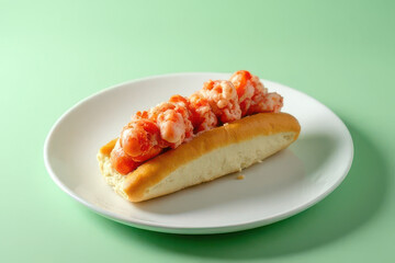 Minimalist Lobster Roll Food Photography: Clean Style, Sage Green Background, Colored Gel Lighting