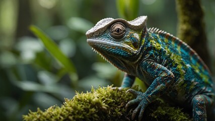 Obraz premium Colorful Chameleon, Hyperrealistic photograph of a colorful chameleon.