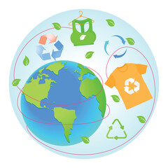Circular Fashion with Globally Oriented Eco-Friendly Clothing and Recycling Symbols.