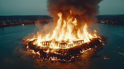 Fiery spectacle of a structure burning intensely on a river island at dusk, billowing smoke against a twilight sky.
