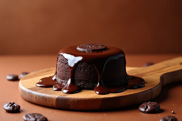 Delicious Chocolate Lava Cake on Wooden Cutting Board, Terracotta Background, Clean Food Photography, Window Backlight, High Resolution
