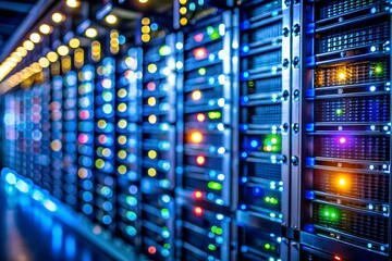 Vibrant illuminated data center filled with rows of glowing servers symbolizing technological prowess innovation and global connectivity