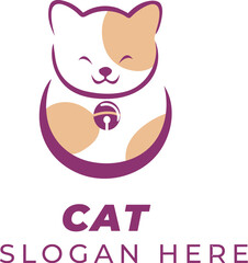 Smiling Plum Cat Vector with Toy Collar – Cute Dark Magenta Kitty Clipart