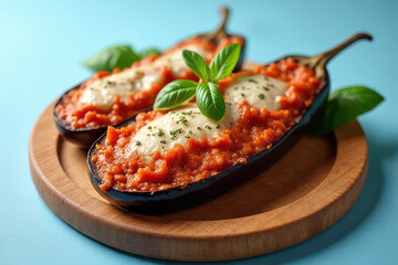 Tempting Eggplant Parmesan on Pastel Blue Background - Clean Food Photography
