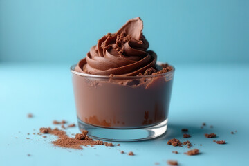 Dark Moody Chocolate Mousse Photography: Clean Food Style on Pastel Blue Background