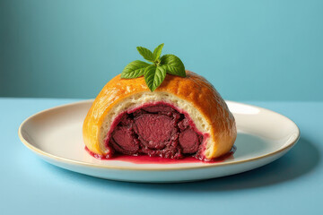 Tempting Beef Wellington: Elegant Fine Dining Photography with Pastel Blue Background and Colored Gel Lighting