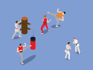 People Practicing Karate 3d isometric vector illustration