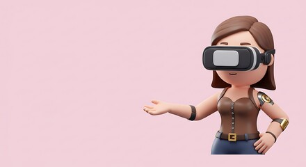 steampunk style 3d woman in modern virtual reality cyber design on the right side, with ample copy space on the left for photos. ,isolated on bright background, no text, 3d cute cartoon illustration