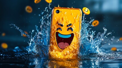 Phone dissolving into a splash of emoji waves