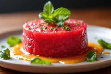 Tempting Tuna Tartare: Elegant Fine Dining Photography with Terracotta Background and Reflector Fill Light