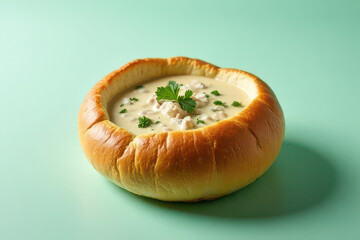 Tempting Clam Chowder Bread Bowl on Light Mint Background: Clean Food Photography with Soft Daylight Radiance