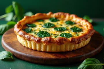 Delicious Spinach Quiche on Olive Green Background: Rustic Food Photography with Natural Light