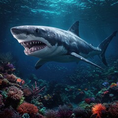Fototapeta premium Great white shark swimming over a vibrant coral reef