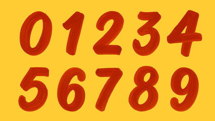 Hand-Painted Numbers 0–9 – Red Brush Style on Yellow Background