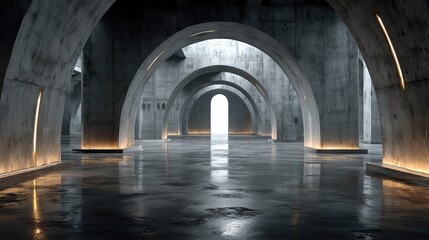 Obraz premium Minimalist interior with concrete columns and glowing light panels, embodying modern simplicity and spacious elegance